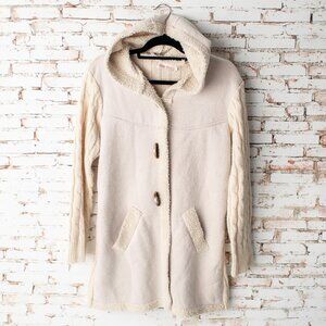 Simply Couture Cream Hooded Sweater Coat Women's Small Cable Knit Sherpa Trim